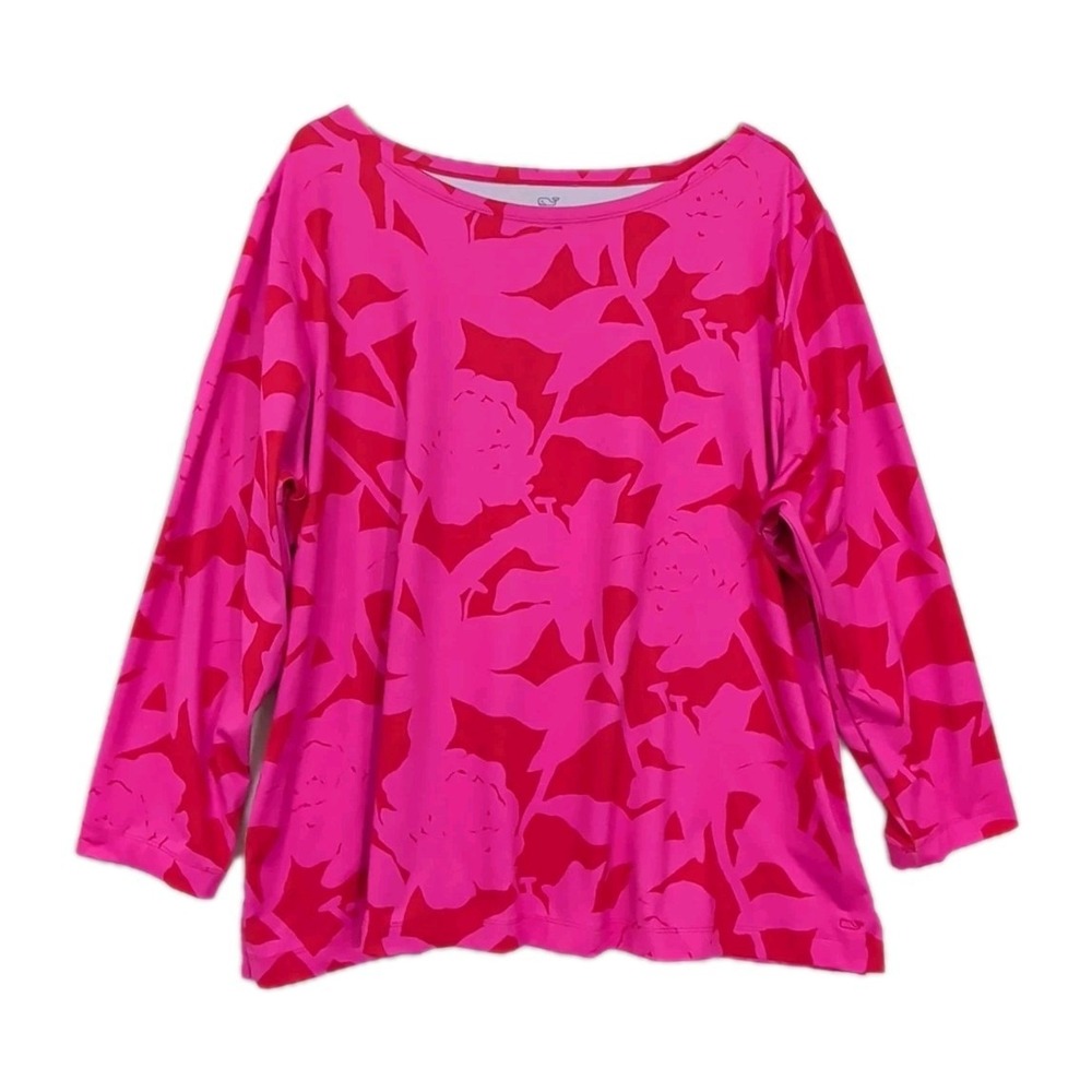 Vineyard Vines Top Womens 3X Red Pink Floral 3/4 Sleeve Stretchy Resort Beach
